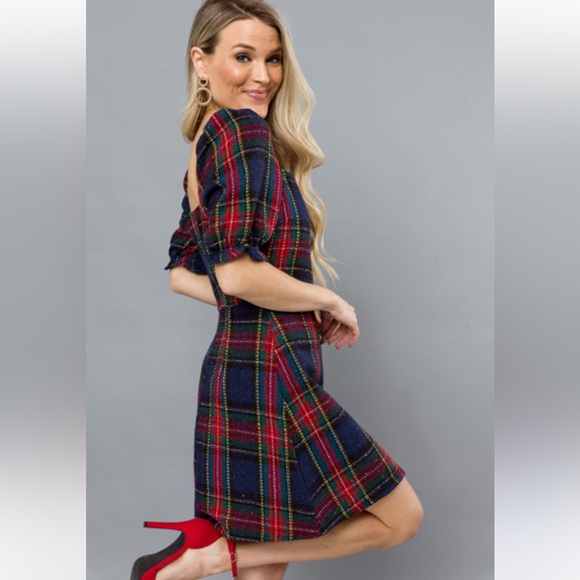 M2 NWT Vestigue HOLIDAY PLAID DRESS, NAVY/RED - Picture 3 of 10
